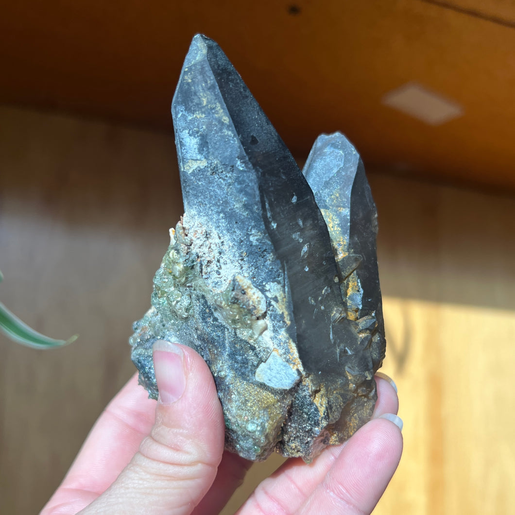Hyalite Opal on Smoky Quartz