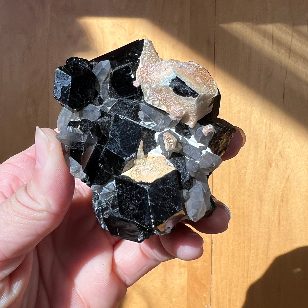 Hyalite Opal on Black Tourmaline/Smoky Quartz